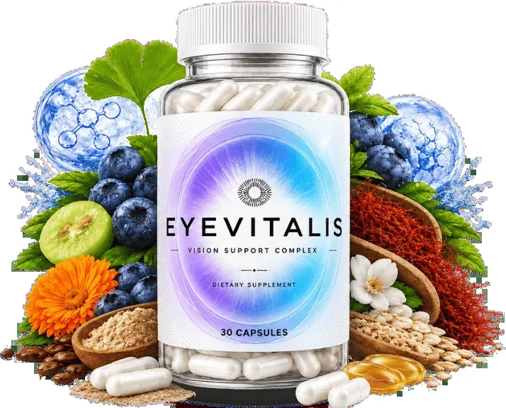 EyeVitalis vision support capsule bottle surrounded by bilberry, marigold, saffron and ginkgo ingredients