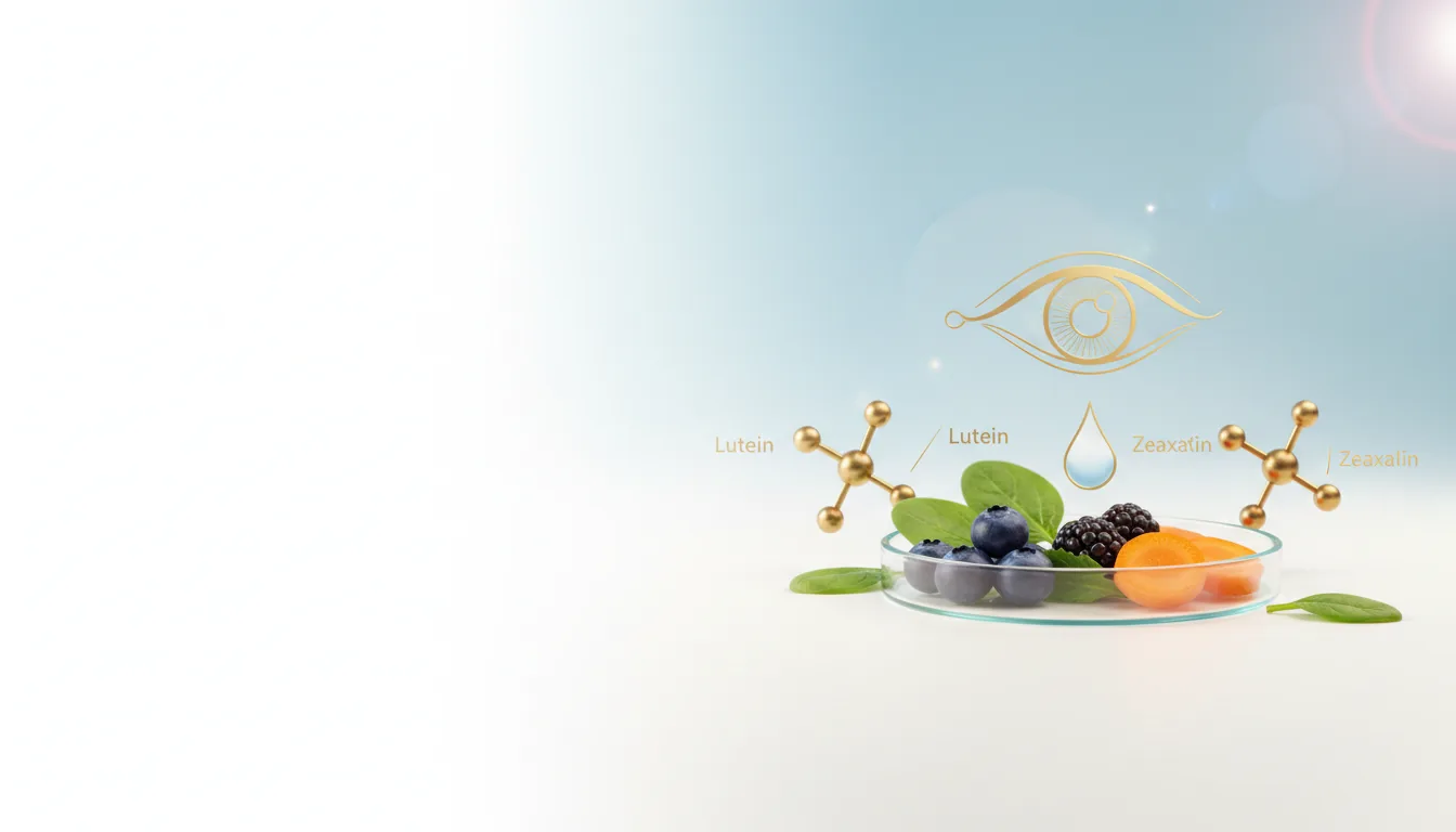 Lutein and zeaxanthin eye-health foods beside EyeVitalis: blueberries, blackberries, carrot and leafy greens